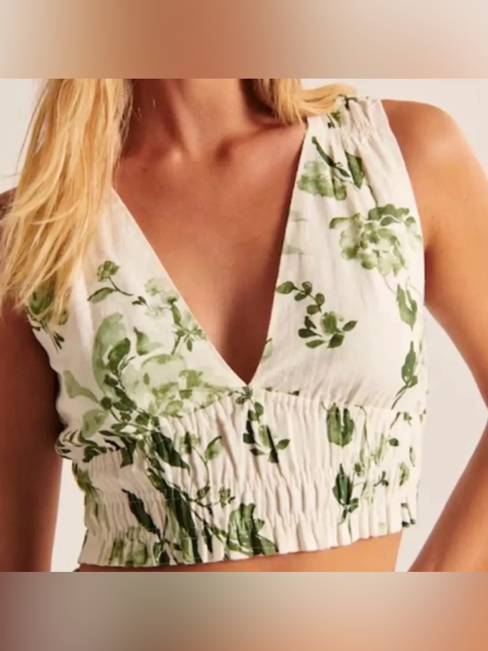 Abercrombie & Fitch Cream Linen Lined Top with Subtle Green Print